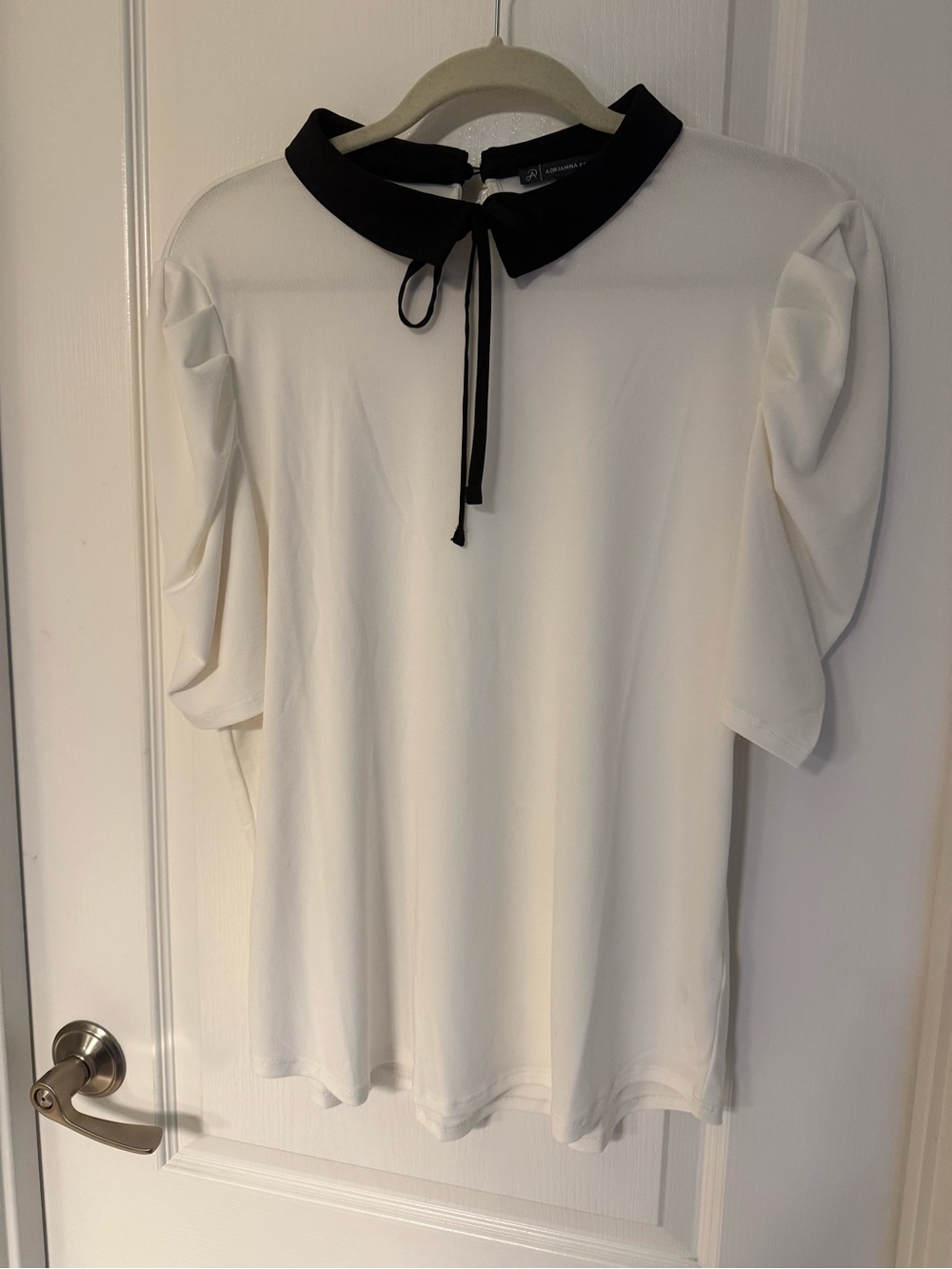 Adrianna Papell White Blouse with Black Peter Pan Collar and Tie